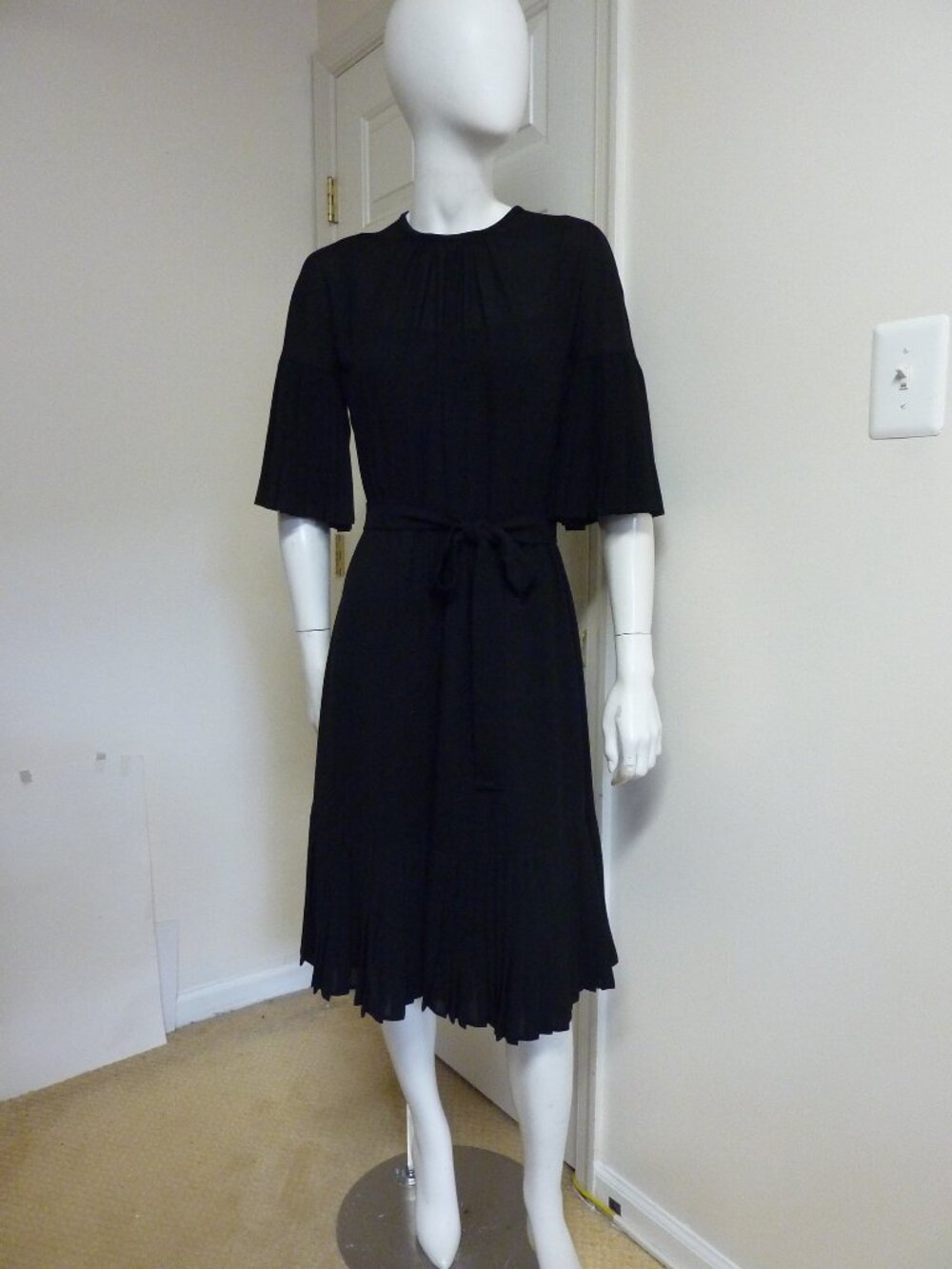 PRADA Pleated Detail Belted Silk Dress